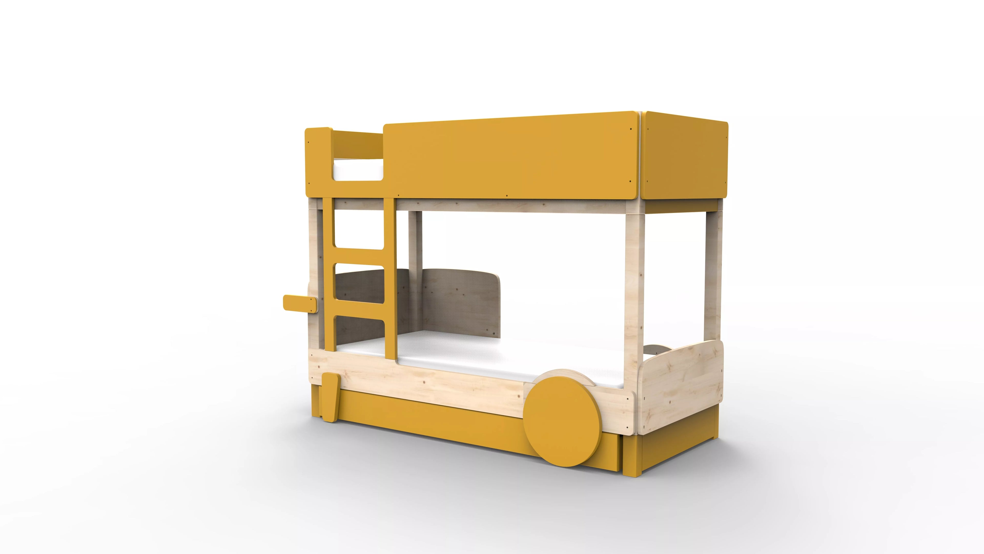 lit superpose en bois massif ocre avec tiroir